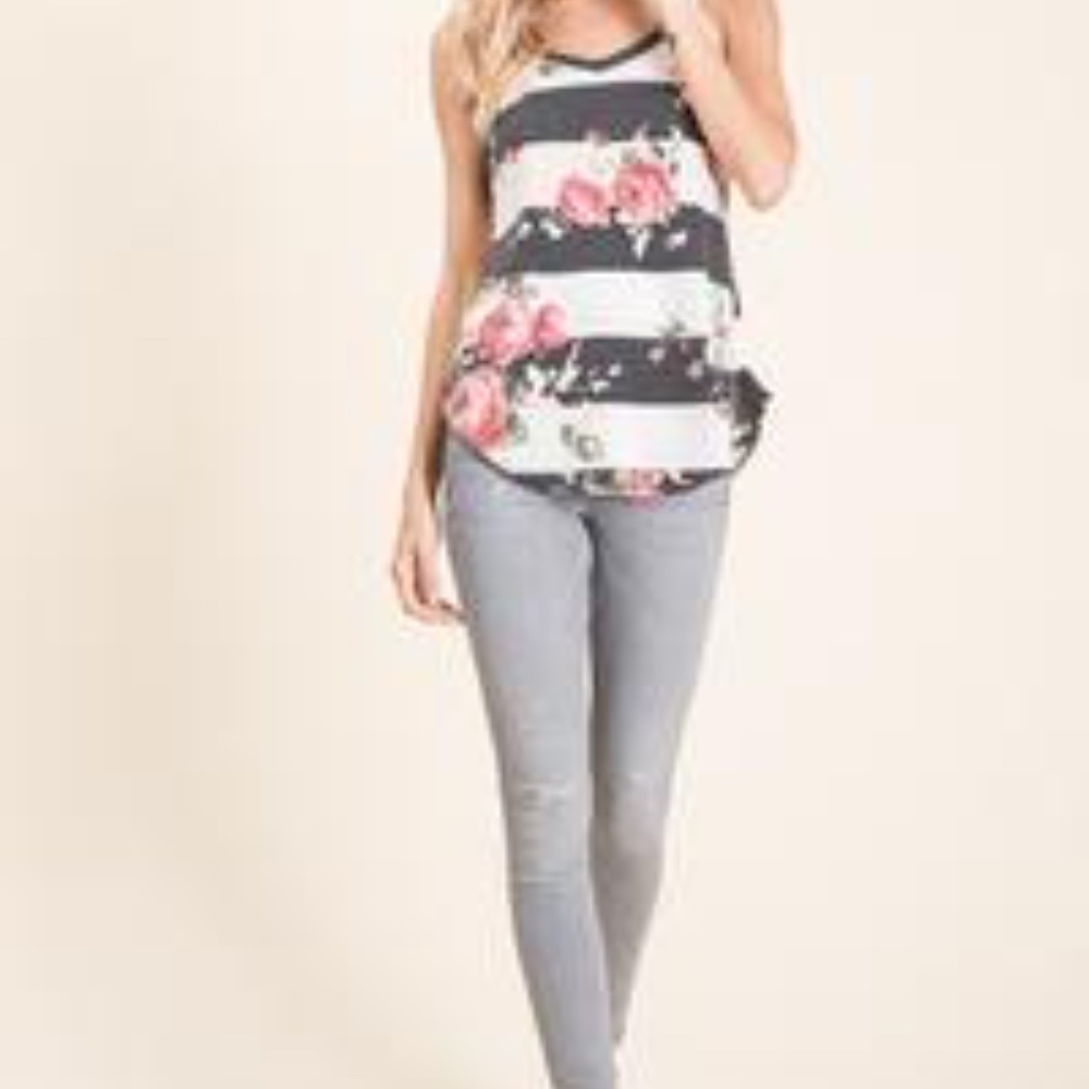 Grey Striped and Floral Tank Top